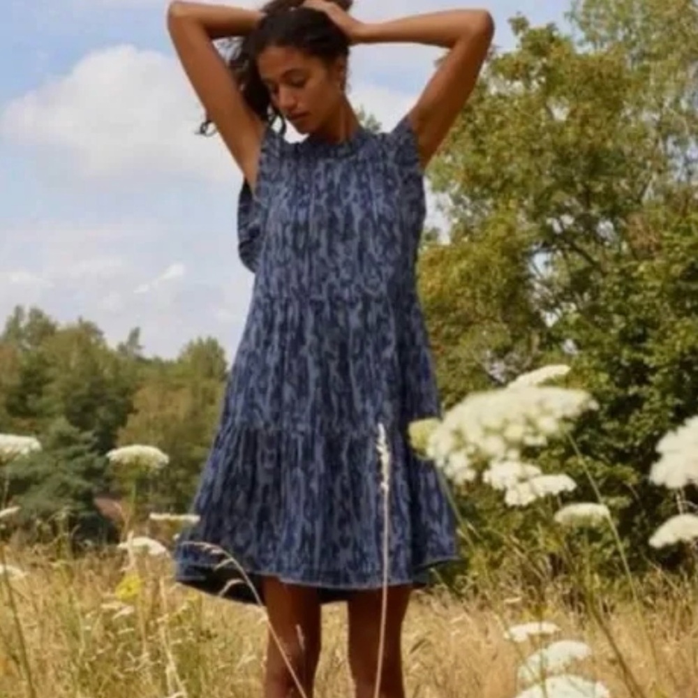 Anthropologie Womens Jenee Tiered Animal Print Tunic Dress Size XS Blue